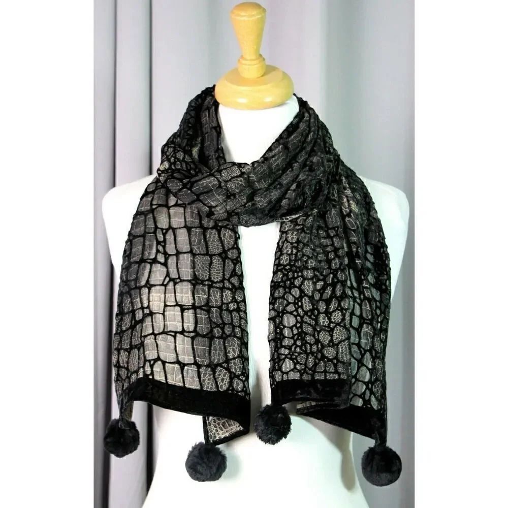 Sz 13"x61" ITALY BLACK GRAY CHIFFON VELOUR SILK BLEND BURNOUT POM POM SCARF (F66